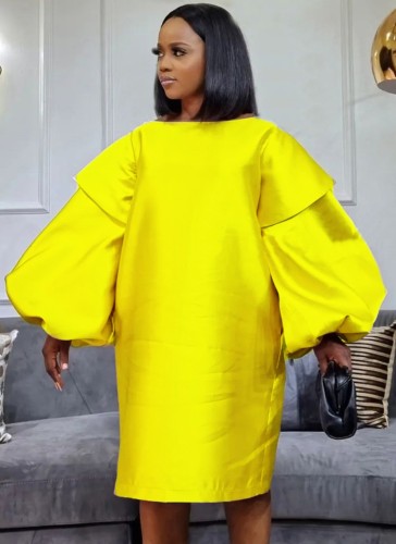 Yellow Silk Puff Long Sleeve Midi Dress