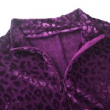 Leopard Print Purple Zipper Up Midi Neck Tight Jumpsuit