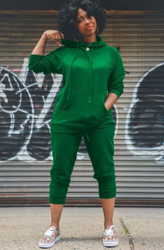 Green Drawstring Hoody Top and Pants Two Piece Set