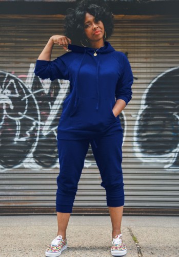 Blue Drawstring Hoody Top and Pants Two Piece Set