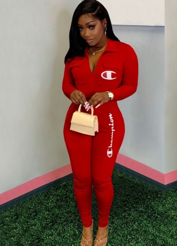 Letter Print Red V-Neck Long Sleeve Bodycon Jumpsuit