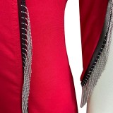 Red Slit Fringe Irregular Sleeve Midi Dress