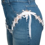 Blue Lace Up Hollow Out High Waist Bodycon Jeans