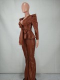 Brown Leather Knotted Pad Shoulder Top and Pants 2PCS Set
