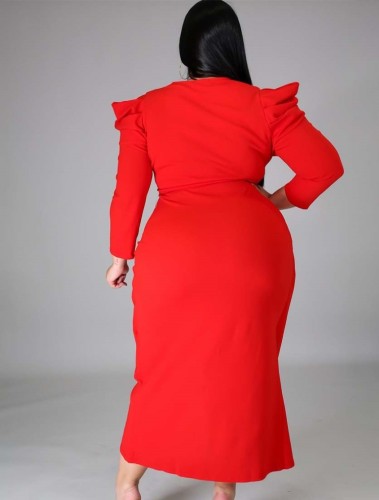 Plus Size Red V-Neck Wrap Long Sleeves Irregular Long Dress