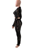 Black Lace V-Neck Tight Crop Top and High Waist Pants 2PCS Set