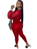 Red Puff Sleeve U-Neck Slim Fit Jumpsuit