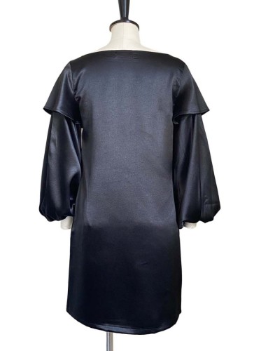 Black Silk Puff Long Sleeve Midi Dress