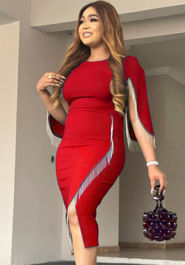 Red Slit Fringe Irregular Sleeve Midi Dress