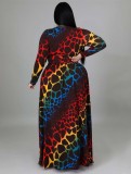 Plus Size Multicolor Leopard V-Neck Crop Top and Maxi Skirt 2PCS Set