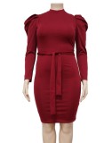 Plus Size Red O-Neck Bubble Sleeve Midi Tight Dress with Belt