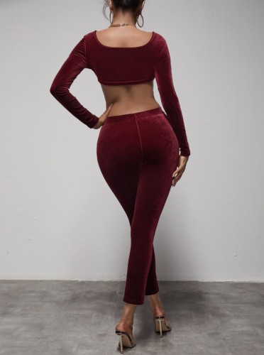 Red Velour Square Neck Crop Top and High Waist Pants 2PCS Set