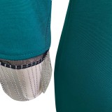 Green Slit Fringe Irregular Sleeve Midi Dress