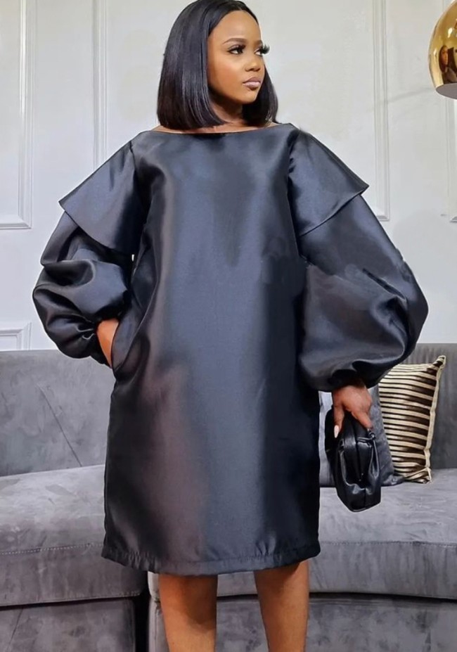 Black Silk Puff Long Sleeve Midi Dress