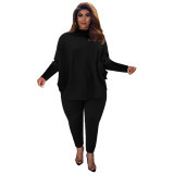 Plus Size Pink Bat-wing Sleeve Slit Top and Pants Two Piece Set