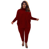 Plus Size Pink Bat-wing Sleeve Slit Top and Pants Two Piece Set