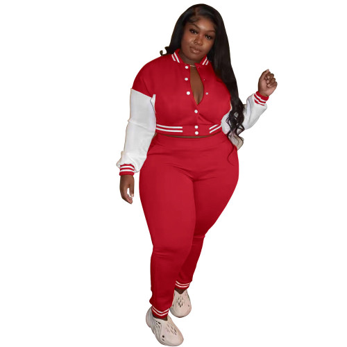 Plus Size Contrast Red Baseball Jacket and Pants Two Piece Set