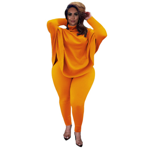 Plus Size Orange Bat-wing Sleeve Slit Top and Pants Two Piece Set