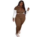 Plus Size Contrast Red Baseball Jacket and Pants Two Piece Set