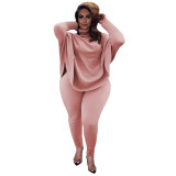 Plus Size White Bat-wing Sleeve Slit Top and Pants Two Piece Set