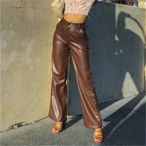 Brown PU Leather Wide Leg Pants