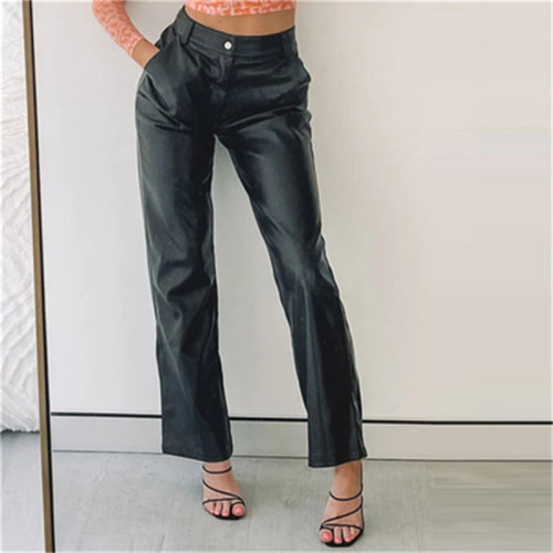 Black PU Leather Wide Leg Pants