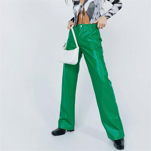 Green PU Leather Wide Leg Pants
