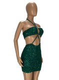 Green Sequins Cut Out Halter Sleeveless Mini Dress