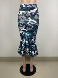 Camo Print High Low Mermaid Frill Hem High Waist Long Skirt
