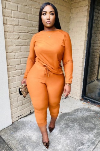 Plus Size Orange Long Sleeve O-Neck Top and Pants 2PCS Set