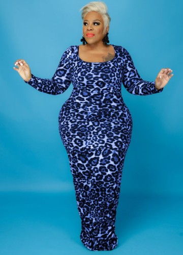 Plus Size Blue Leopard Print U-Neck Tight Maxi Dress