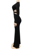 Black  Hollow Out Bandage Front Slit Maxi Dress