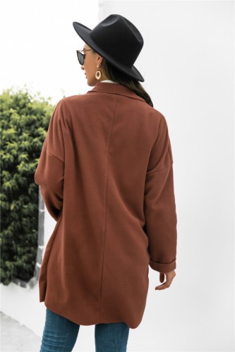 Brown Turndown Collar Drop Shoulder Long Coat with Pocket