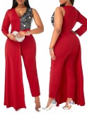 Plus Size Sequins Patch Red One Sleeve V-Neck Irregular Jumpsuit