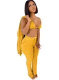 Yellow Ribbed Halter Triangle Bra and Pants with Coat 3PCS Set
