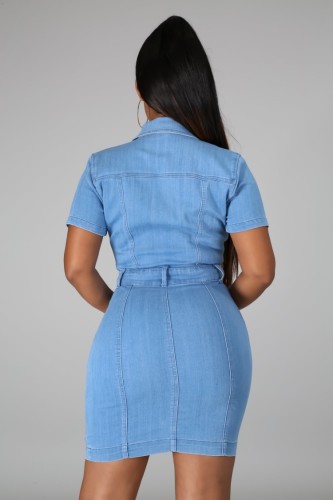 Blue Button Up Turndown Collar Short Sleeve Midi Jeans Dress