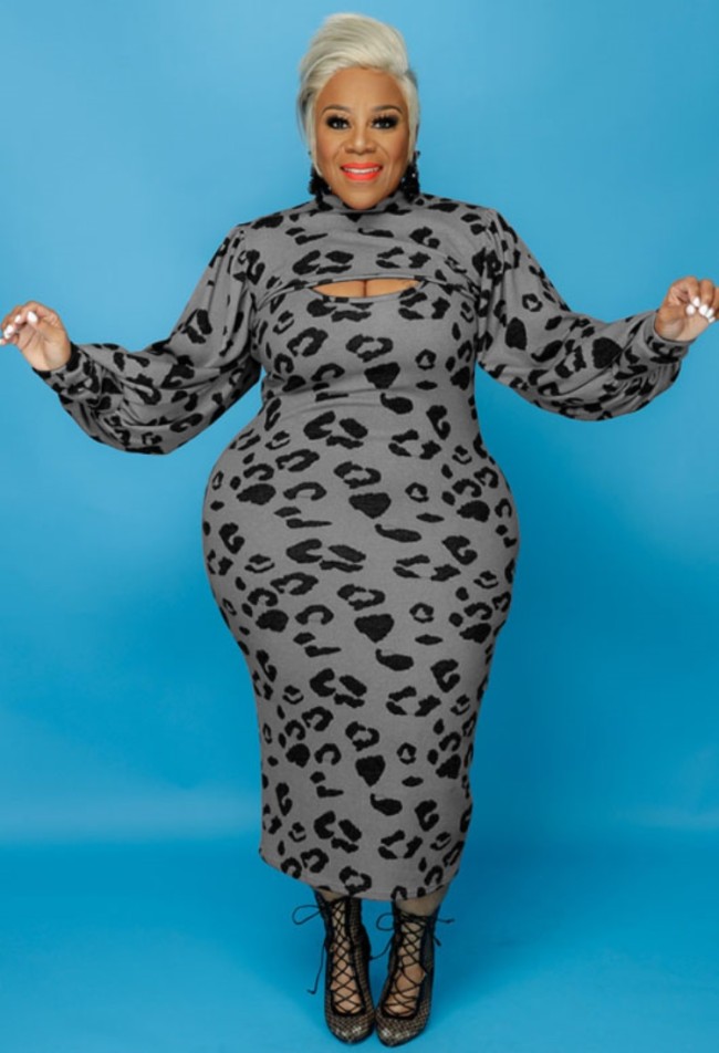 Plus Size Gray Leopard Print Turtleneck Cape Top and Cami Long Dress 2PCS Set