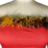 Red Off Shoulder Fake Fur Crop Top and High Waist Pant 2PCS Set