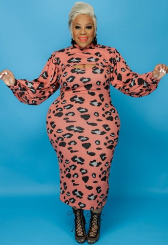 Plus Size Pink Leopard Print Turtleneck Cape Top and Cami Long Dress 2PCS Set