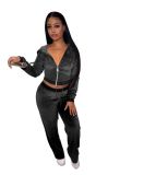 Casual Green Velour Short Zipper Sweatshirts and Loose Sweatpants Set