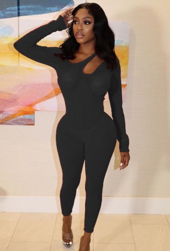 Black Keyhole See Through Long Sleeve Slim Fit Jumpsuit