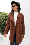 Brown Turndown Collar Drop Shoulder Long Coat with Pocket