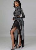 Rhinestone Black Turtleneck Long Sleeve Crop Top and Tassels Slit Irregular Dress 2PCS Set