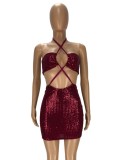 Red Sequins Cut Out Halter Sleeveless Mini Dress