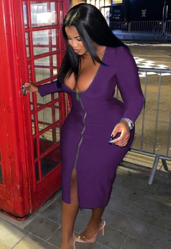 Plus Size Purple V-Neck Zipper Up Midi Sheath Dress