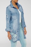 Blue Ripped Button Up Long Jeans Coat