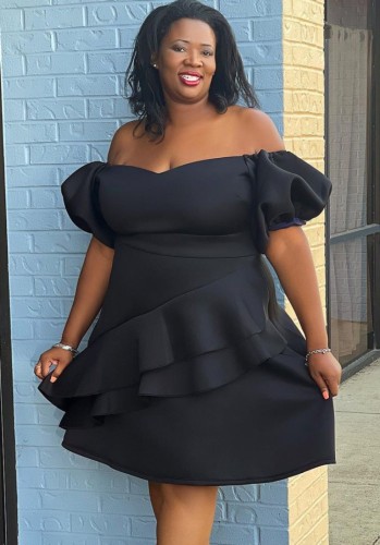 Plus Size Black Satin Off Shoulder Puff Sleeve Ruffled Midi Dress