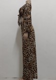 Leopard Print Tie Long Sleeve Crop Top and Wide Pant 2PCS Set