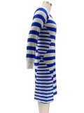 Plus Size Stripes Blue Square Neck Mermaid Midi Dress