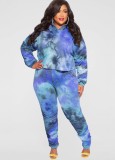 Plus Size Tie Dye Drop Shoulder Hoody Shirt and Pant 2PCS Set